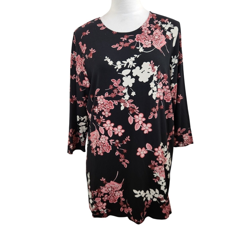 J Jill Wearever Collection Tunic Top Black Floral Print Long Sleeve Womens Large